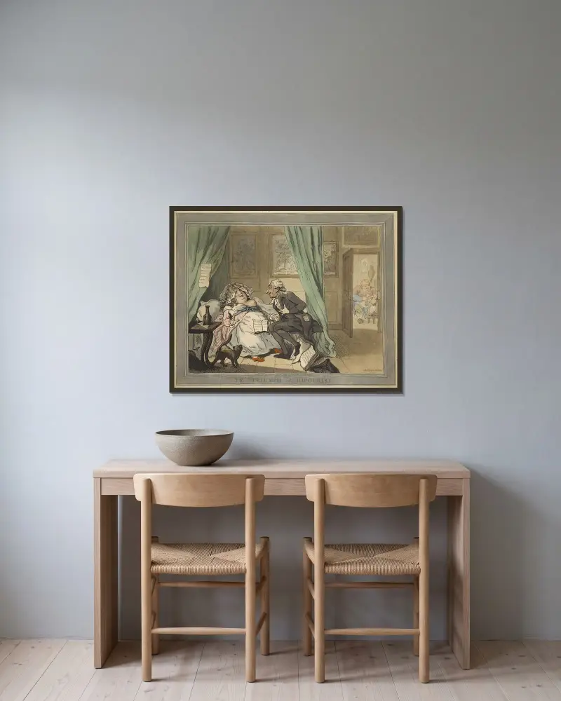 Falskhetens triumf av Thomas Rowlandson inramad på en vägg