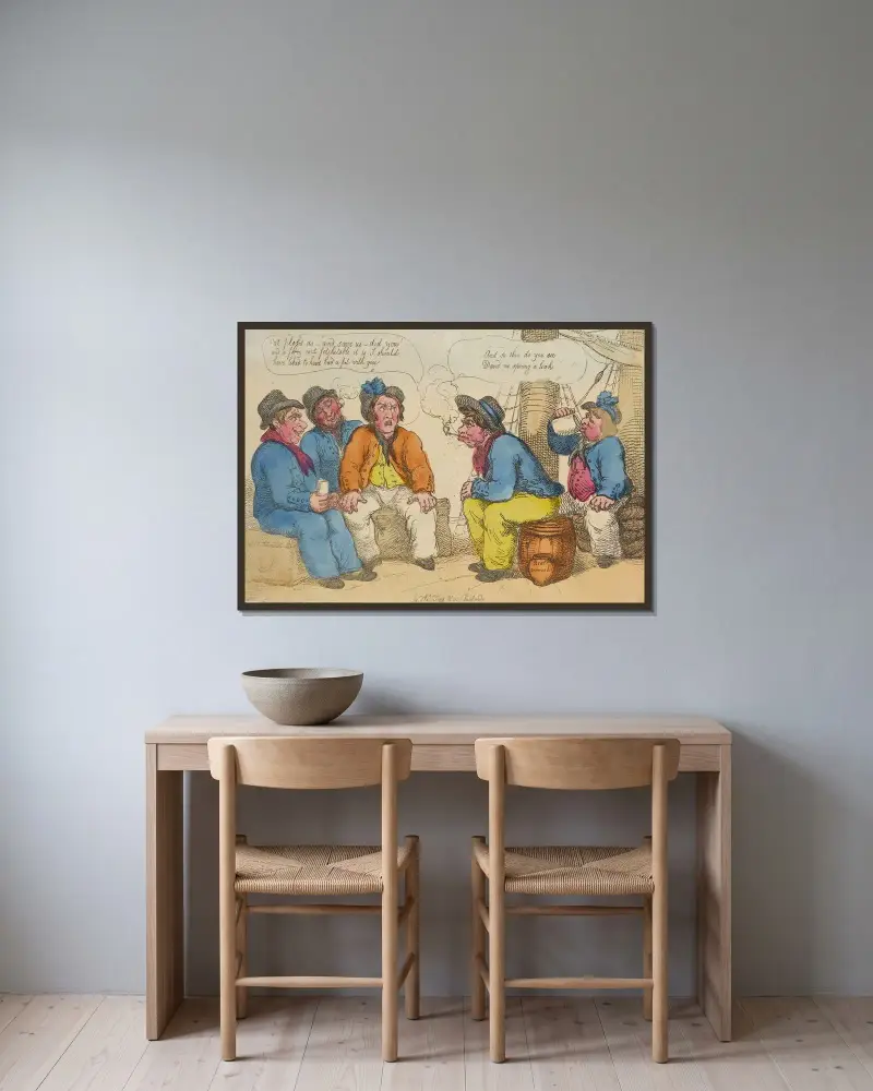 Der Irrtum des walisischen Matrosen oder Seeleute im Gespräch von Thomas Rowlandson gerahmt an einer Wand