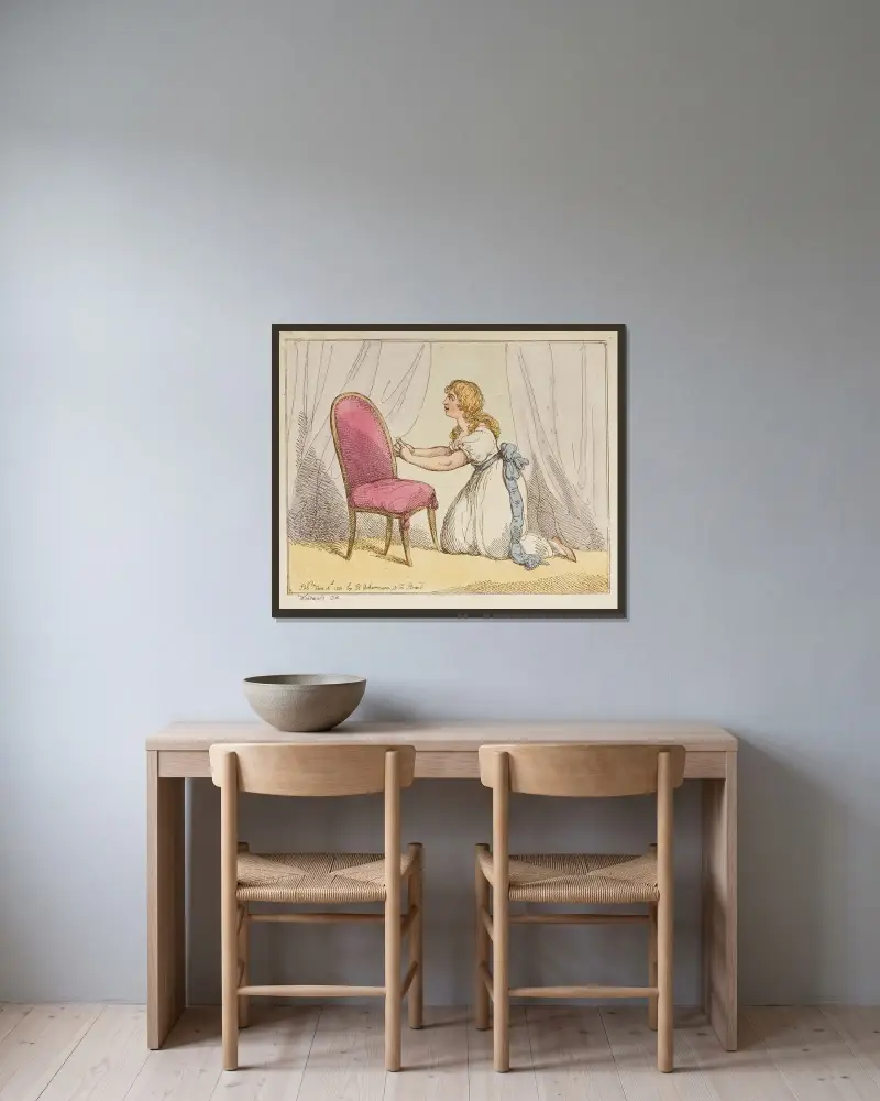 Den unga tjänsteflickans bön av Thomas Rowlandson inramad på en vägg
