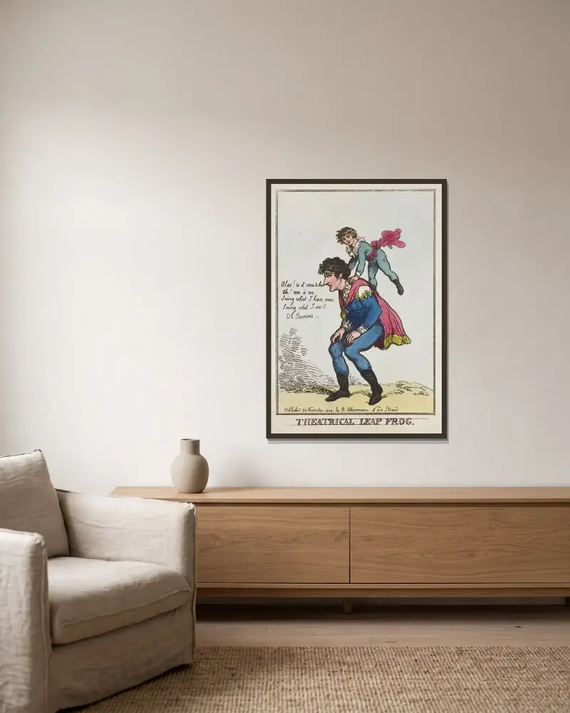 Teatralisk grodhoppning av Thomas Rowlandson inramad på en vägg
