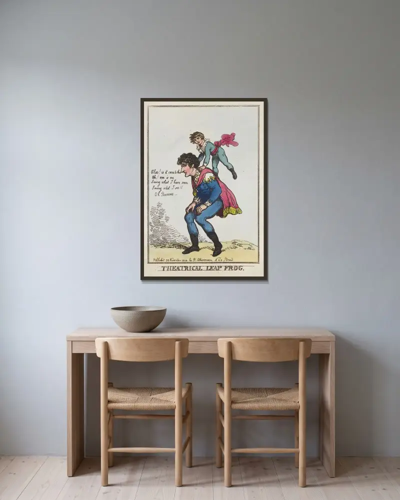 Teatralisk grodhoppning av Thomas Rowlandson inramad på en vägg