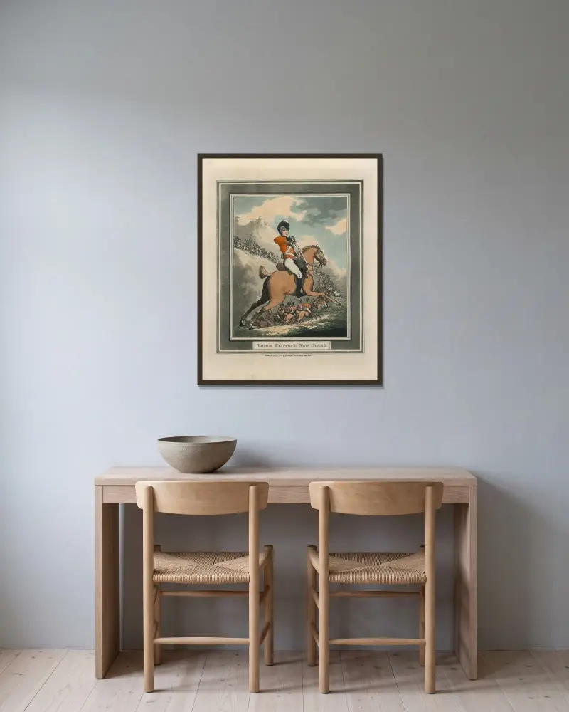 Lårskydd, ny vakt av Thomas Rowlandson inramad på en vägg