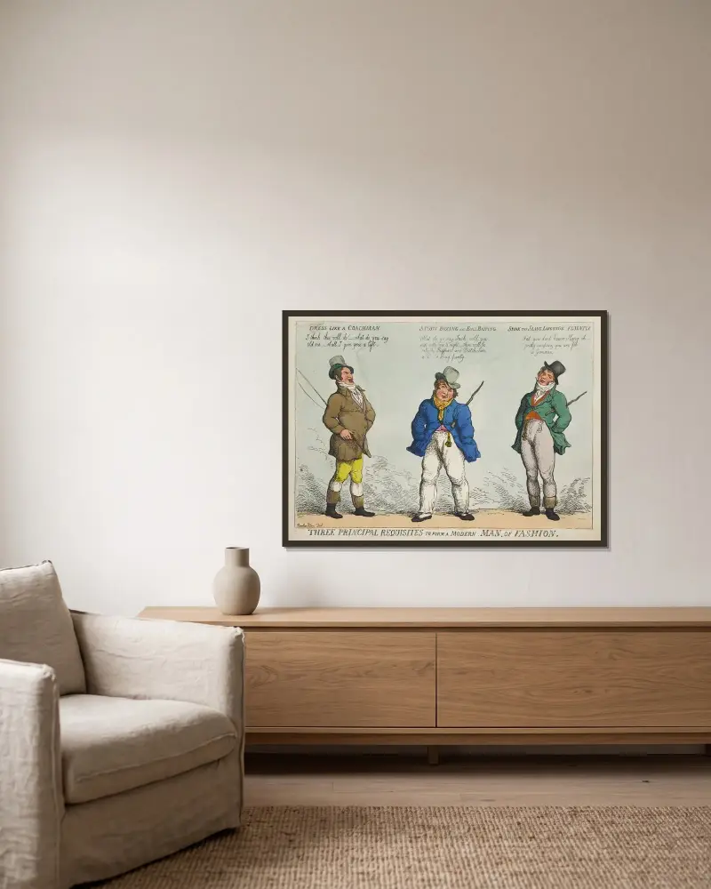Tre huvudsakliga förutsättningar för att forma en modern modeherre av Thomas Rowlandson inramad på en vägg