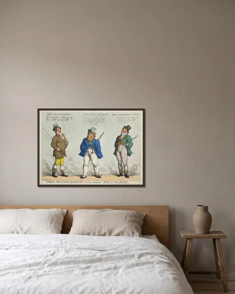 Tre huvudsakliga förutsättningar för att forma en modern modeherre av Thomas Rowlandson inramad på en vägg