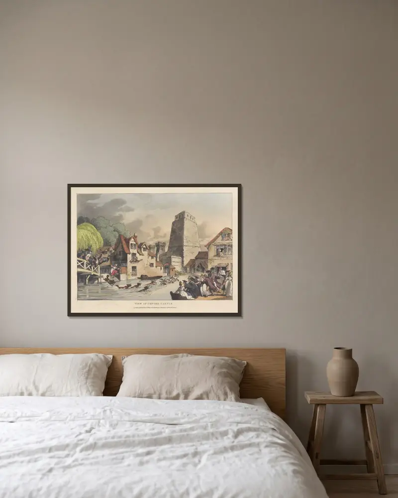 Utsikt över Oxford Castle av Thomas Rowlandson inramad på en vägg