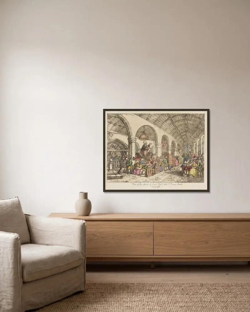 Blick ins Innere der Kirche von Simon Ward alias St. Brener, Cornwall von Thomas Rowlandson gerahmt an einer Wand