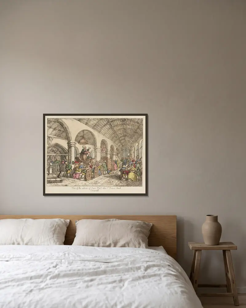 Blick ins Innere der Kirche von Simon Ward alias St. Brener, Cornwall von Thomas Rowlandson gerahmt an einer Wand