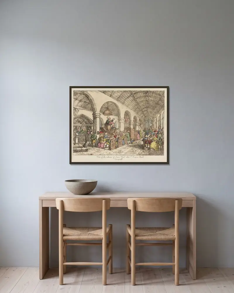 Blick ins Innere der Kirche von Simon Ward alias St. Brener, Cornwall von Thomas Rowlandson gerahmt an einer Wand