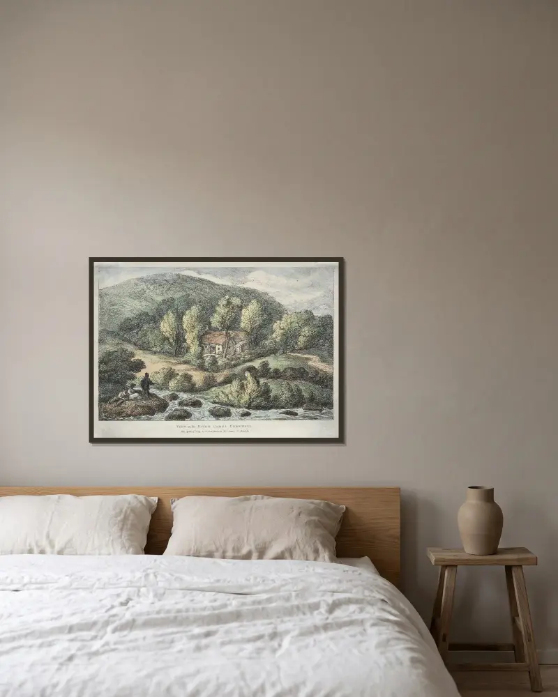 Ansichten von Cornwall; Blick auf den Fluss Camel, Cornwall von Thomas Rowlandson gerahmt an einer Wand