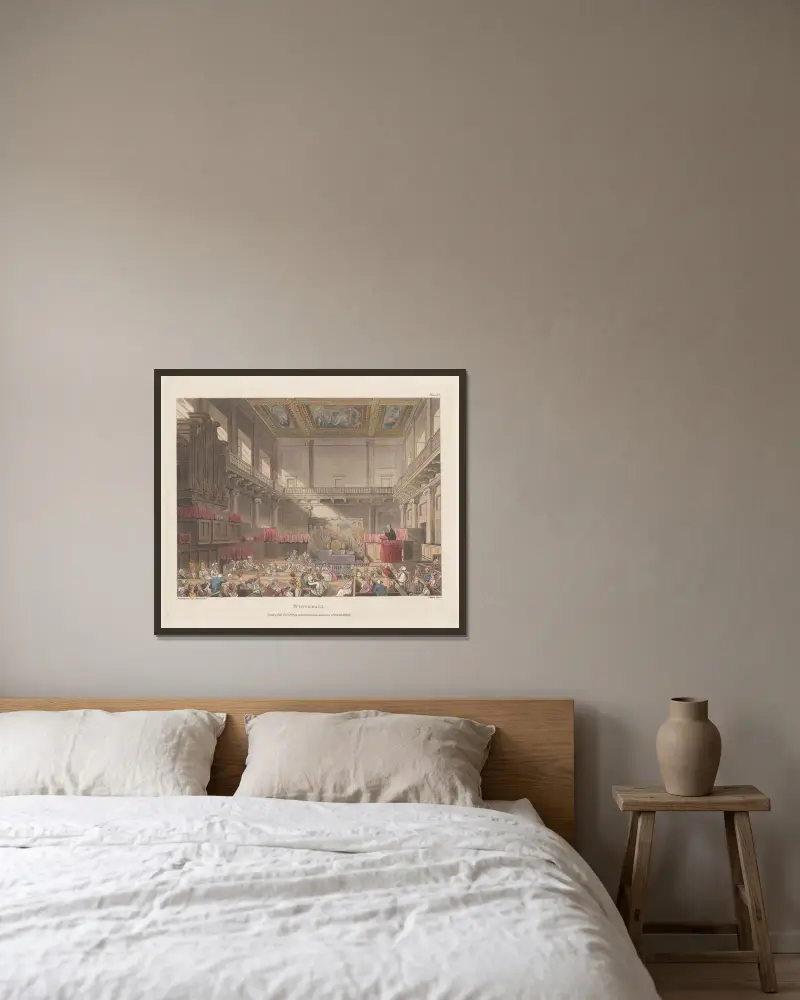 Whitehall av Thomas Rowlandson inramad på en vägg