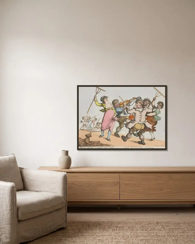 Vilda irländaren eller Paddy från Cork, med rocken knäppt bak av Thomas Rowlandson inramad på en vägg