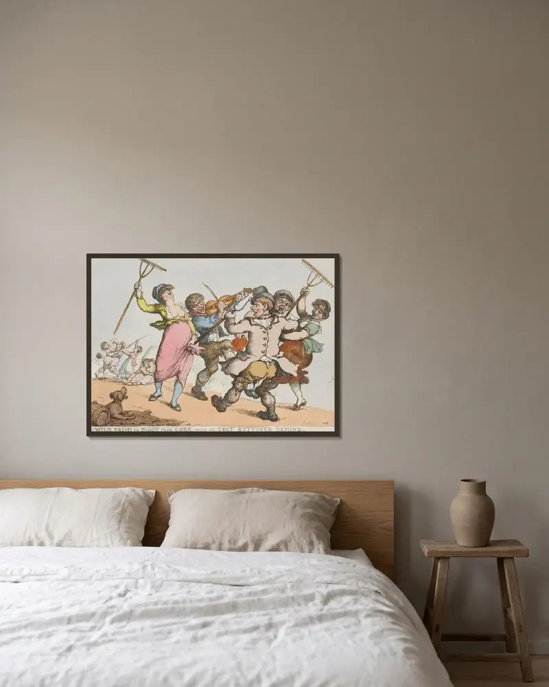 Vilda irländaren eller Paddy från Cork, med rocken knäppt bak av Thomas Rowlandson inramad på en vägg