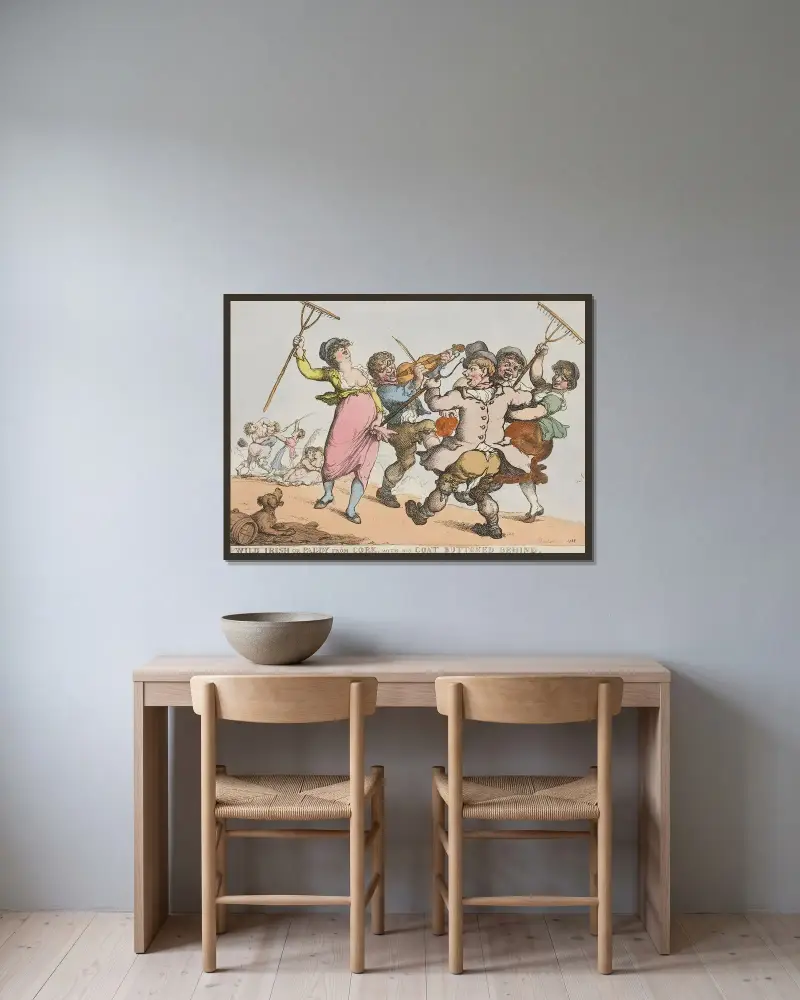 Vilda irländaren eller Paddy från Cork, med rocken knäppt bak av Thomas Rowlandson inramad på en vägg