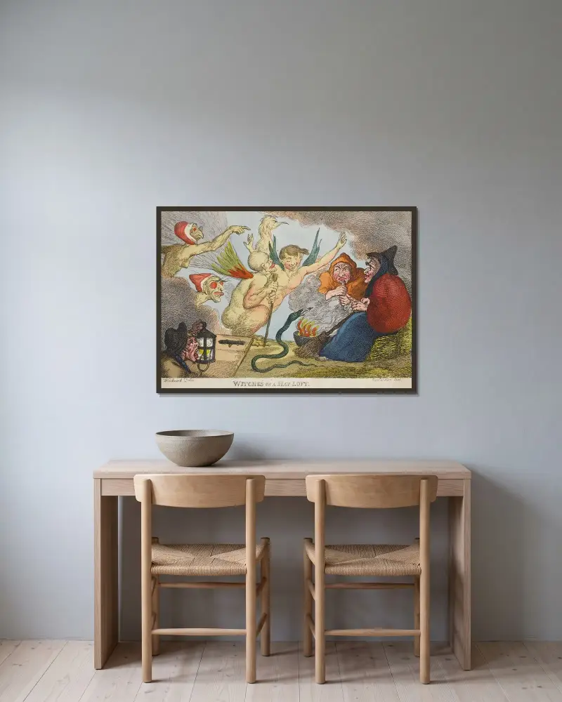 Häxor på en höskulle av Thomas Rowlandson inramad på en vägg