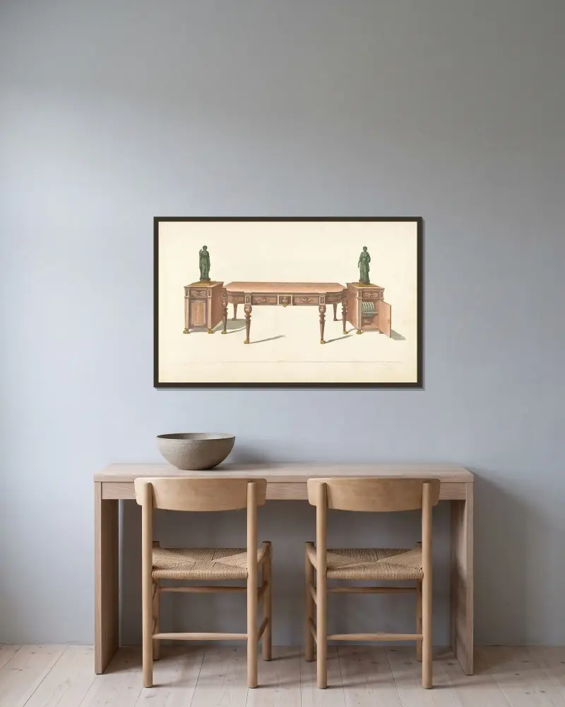 Sideboard och två skåp av Thomas Sheraton inramad på en vägg