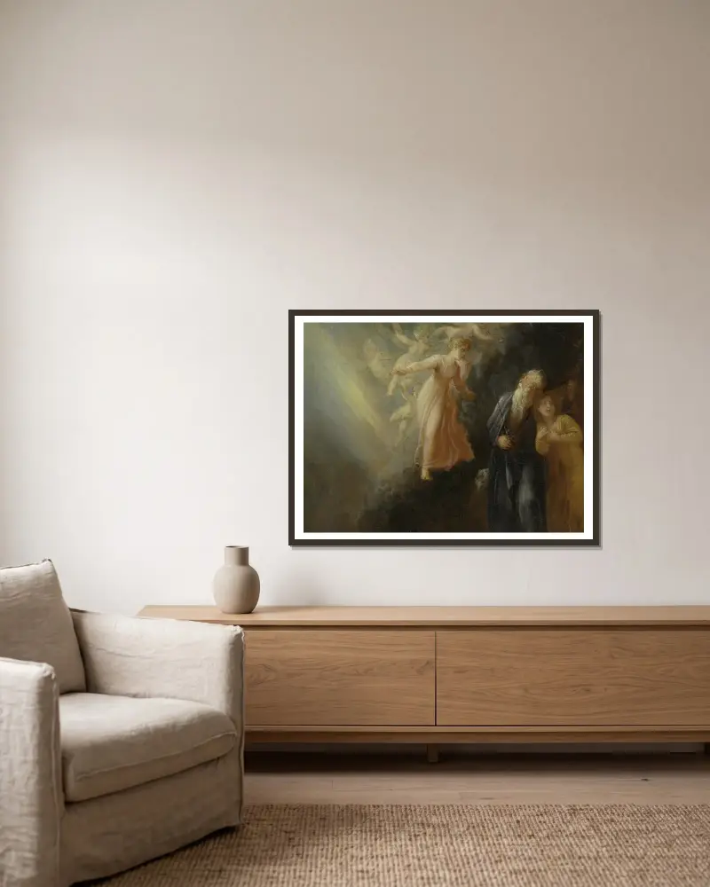 Prospero, Miranda and Ariel, from ‘The Tempest,’ Act I, scene ii av Thomas Stothard inramad på en vägg