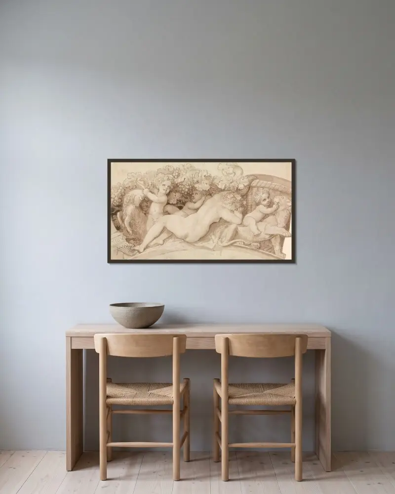 Reliefentwurf für ein silbernes Salzfass von Thomas Stothard gerahmt an einer Wand