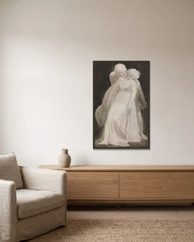 Fürsorge; ein Mann, der eine ohnmächtige Frau stützt von Thomas Stothard gerahmt an einer Wand