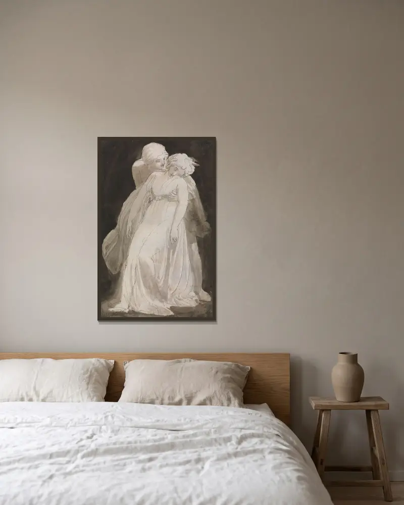 Fürsorge; ein Mann, der eine ohnmächtige Frau stützt von Thomas Stothard gerahmt an einer Wand