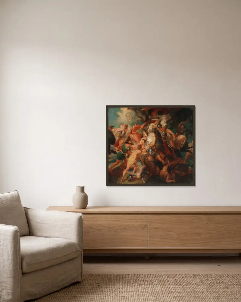 Krigets fasor, skiss till Burghley House-mural av Thomas Stothard inramad på en vägg