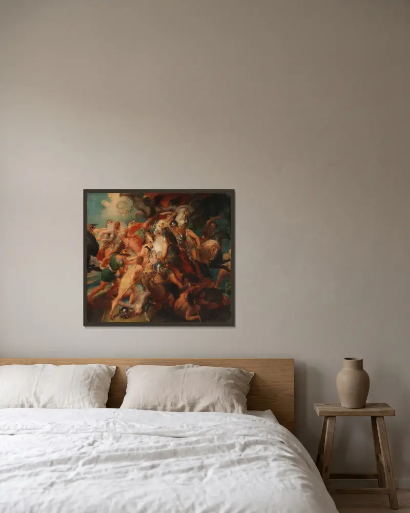 Krigets fasor, skiss till Burghley House-mural av Thomas Stothard inramad på en vägg