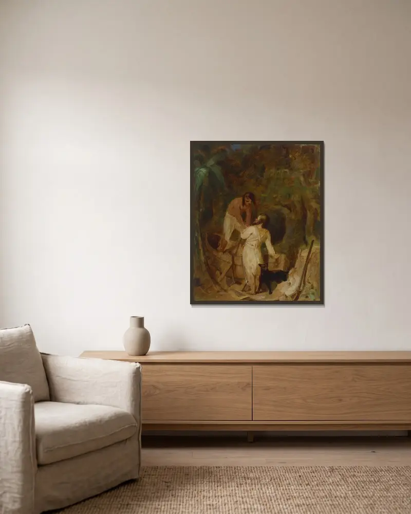 Båtbygge av Robinson Crusoe och Fredag av Thomas Sully inramad på en vägg