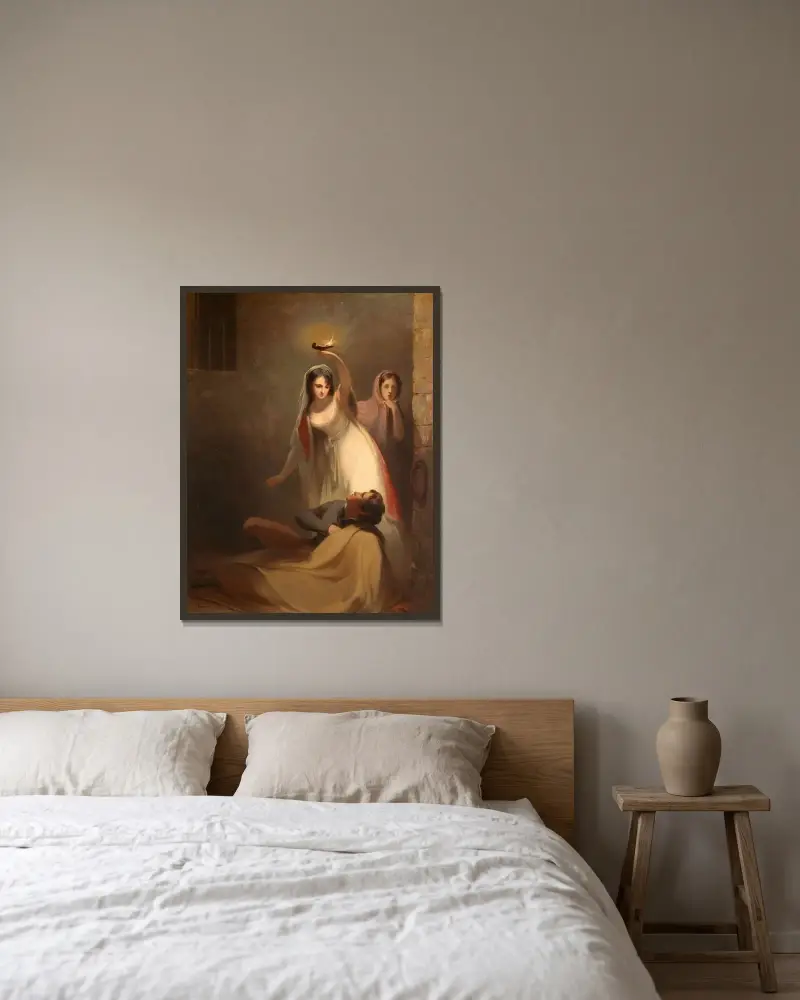 Cecelia Howard and Katherine Plowden arousing the prisoner Edward Griffith from his slumber av Thomas Sully inramad på en vägg