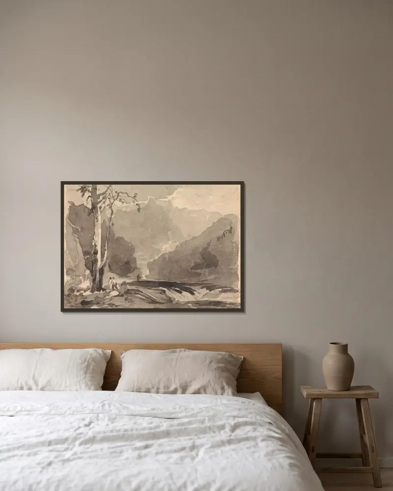 Fiskare vid en bergsbäck av Thomas Sully inramad på en vägg