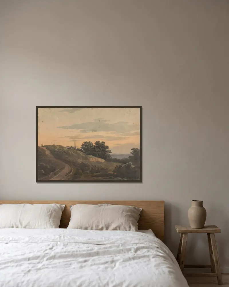 Kuperat landskap med hus, stig och figurer av Thomas Sully inramad på en vägg