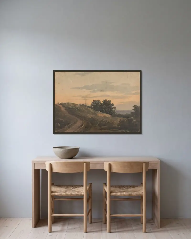 Kuperat landskap med hus, stig och figurer av Thomas Sully inramad på en vägg