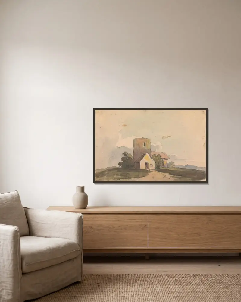 Landskap med byggnad av Thomas Sully inramad på en vägg