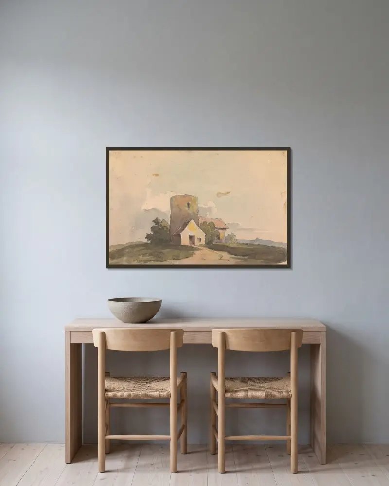 Landskap med byggnad av Thomas Sully inramad på en vägg