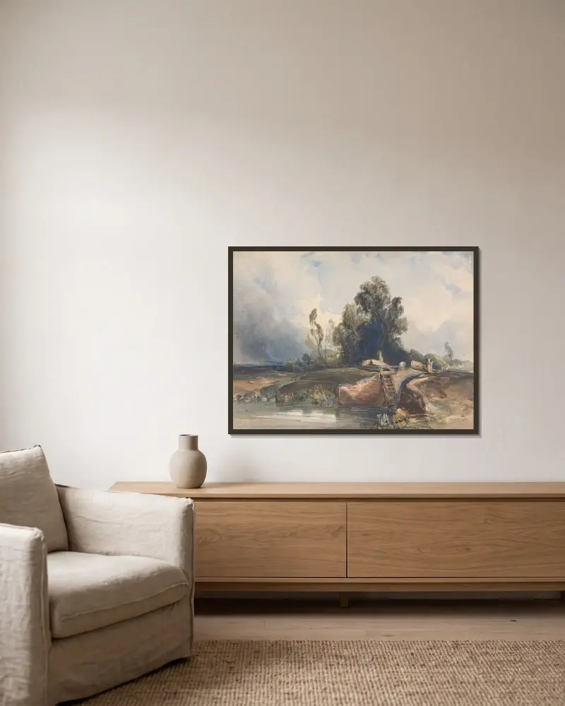 Landskap med kanal och sluss; figurer vid slussen av Thomas Sully inramad på en vägg