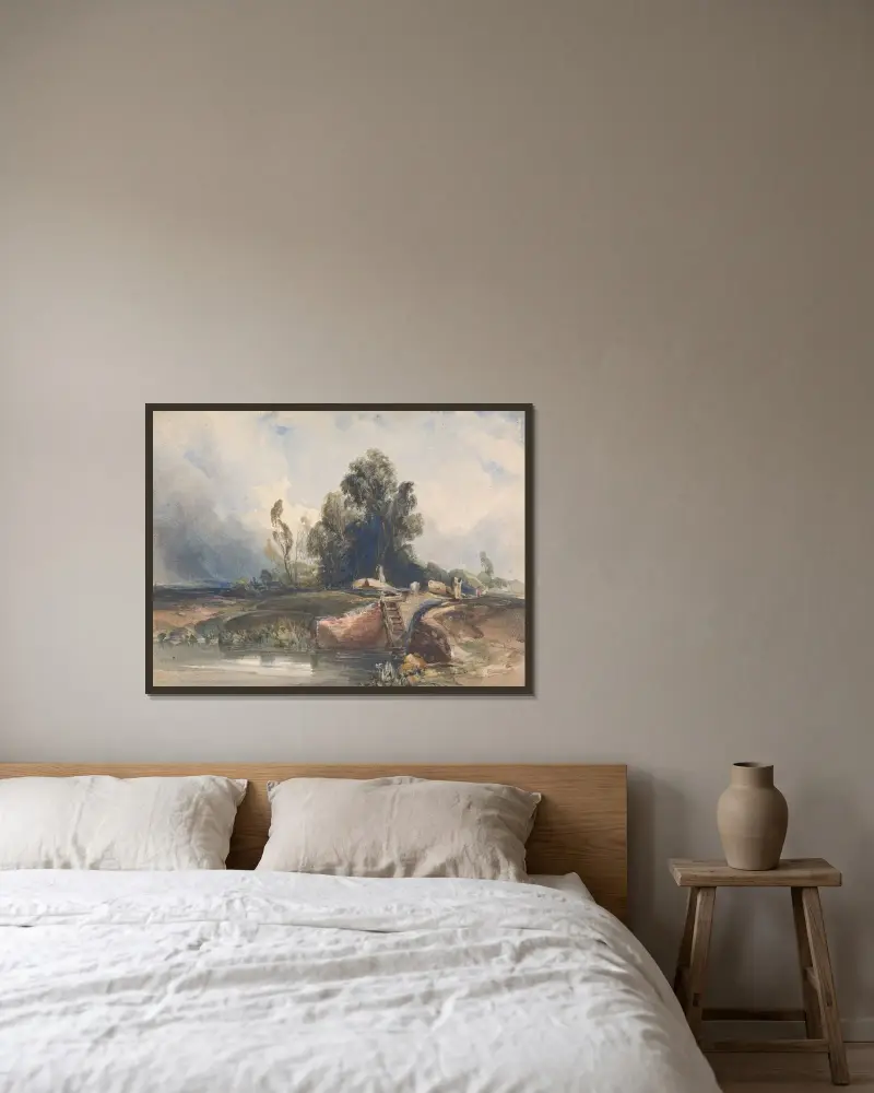 Landskap med kanal och sluss; figurer vid slussen av Thomas Sully inramad på en vägg