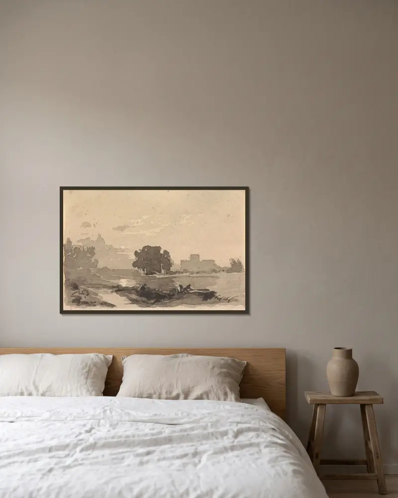 Landskap med slott i bakgrunden av Thomas Sully inramad på en vägg