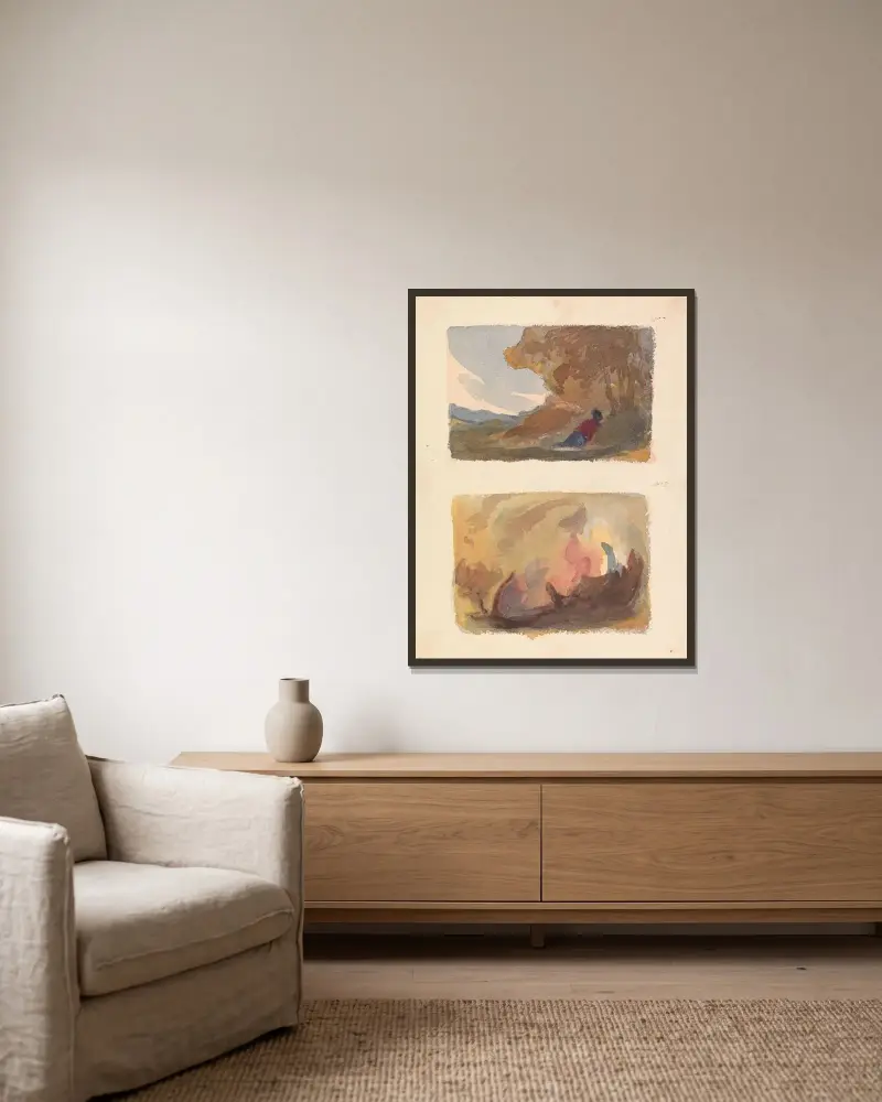 Landskap med figur som lutar sig mot en kulle – Titian och den venetianska skolan (nr 7); Landskap – varierande akvarelltvättar av Thomas Sully inramad på en vägg
