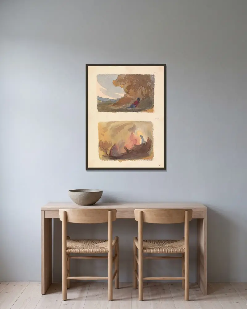 Landskap med figur som lutar sig mot en kulle – Titian och den venetianska skolan (nr 7); Landskap – varierande akvarelltvättar av Thomas Sully inramad på en vägg