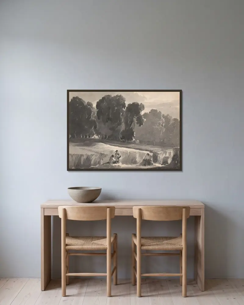 Landskap med figurer på fält av Thomas Sully inramad på en vägg