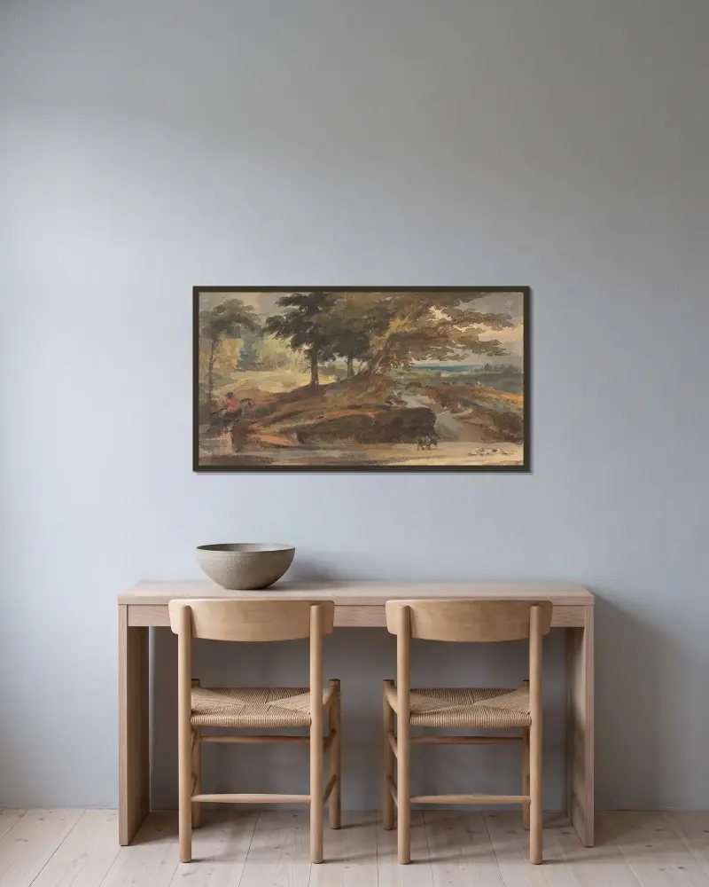 Landskap med kulle och träd, ryttare av Thomas Sully inramad på en vägg