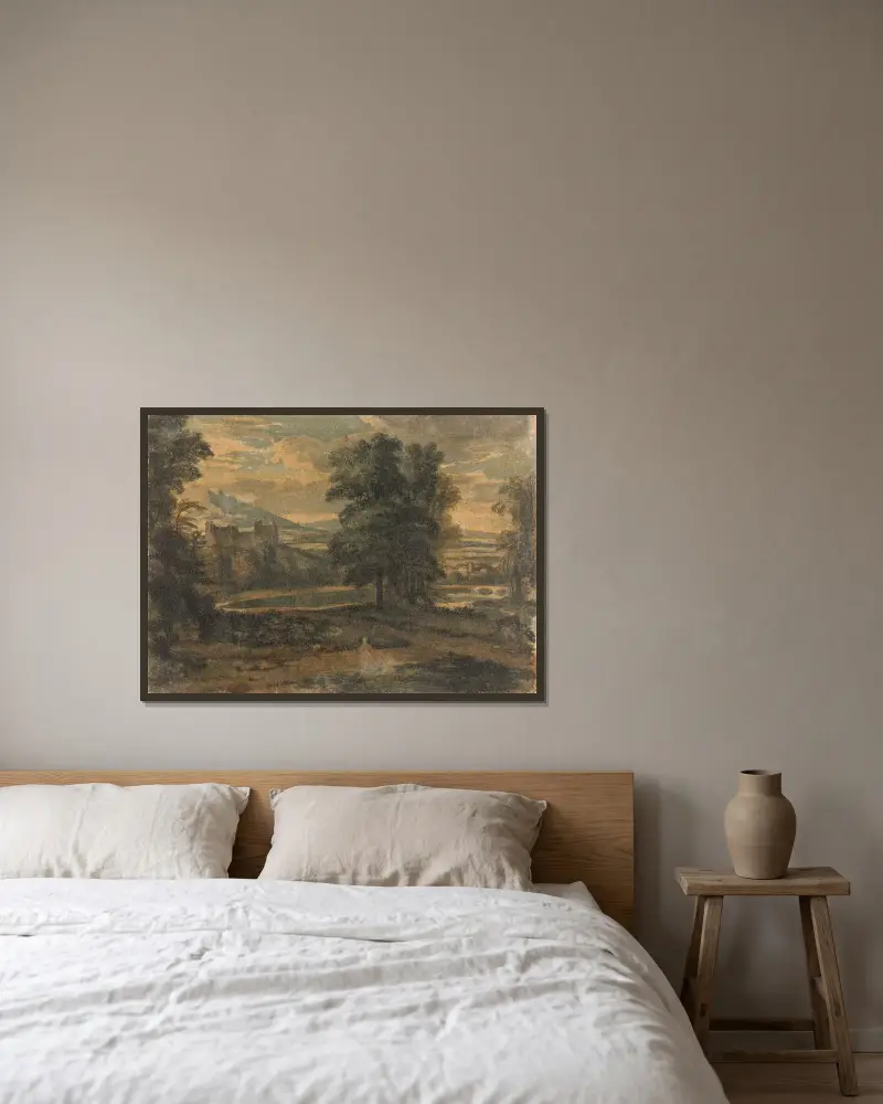Landskap med berg, slott, träd och sjö av Thomas Sully inramad på en vägg
