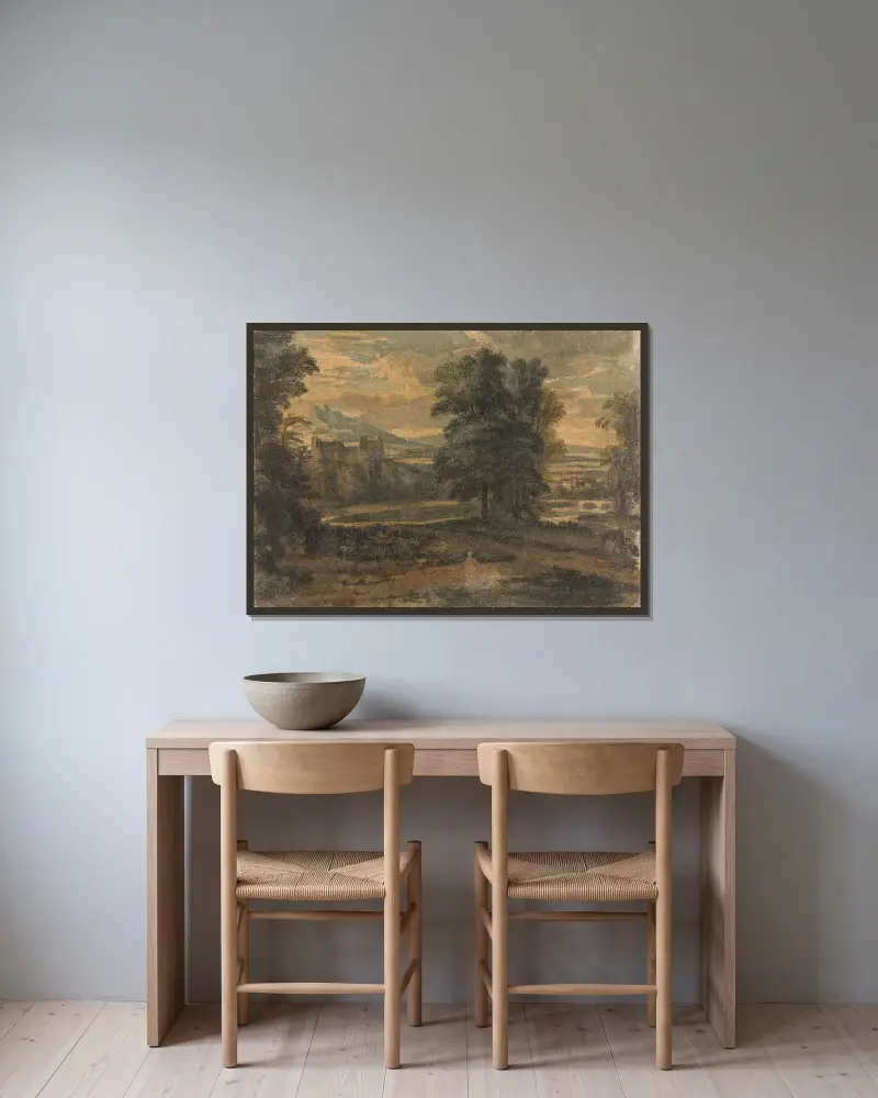 Landskap med berg, slott, träd och sjö av Thomas Sully inramad på en vägg