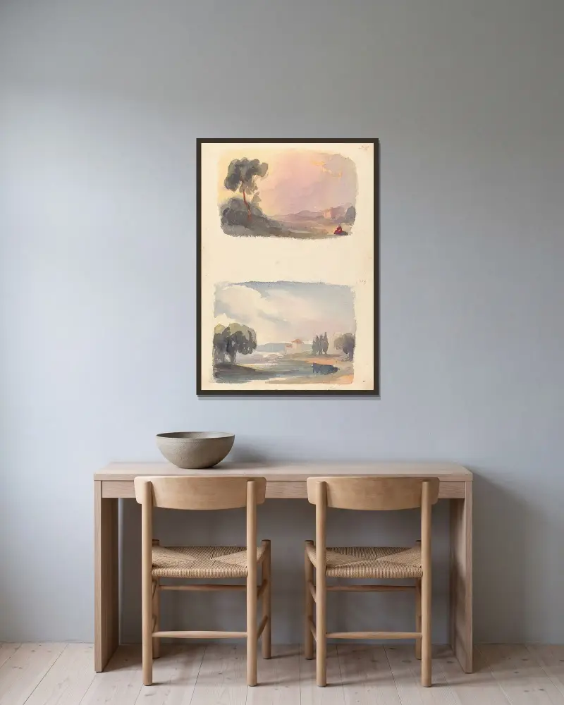 Landskap med berg i fjärran och sittande figurer i förgrunden, landskap med flod och byggnad, berg i fjärran av Thomas Sully inramad på en vägg