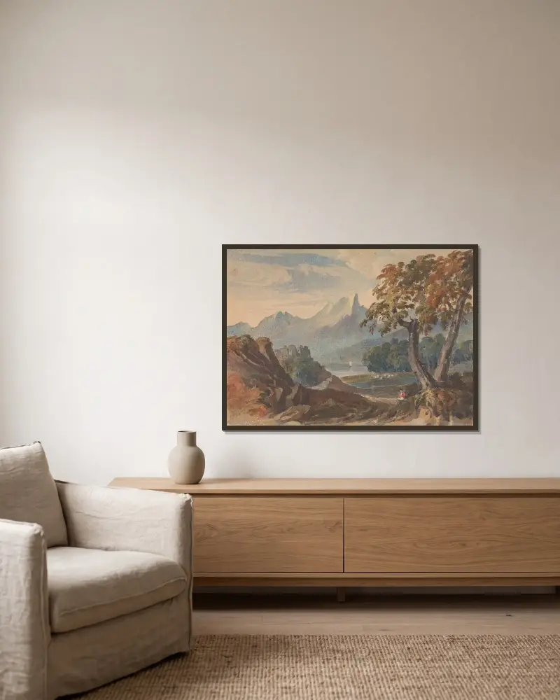 Landskap med berg, sjöborg och sittande figur i förgrunden av Thomas Sully inramad på en vägg