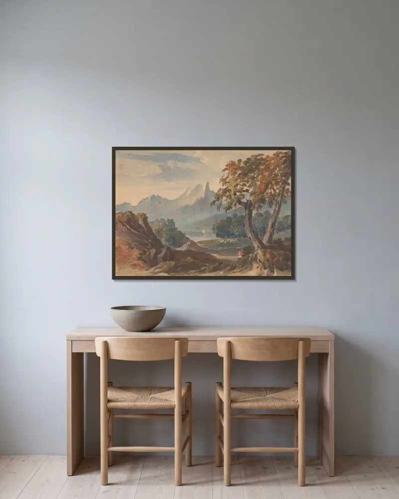 Landskap med berg, sjöborg och sittande figur i förgrunden av Thomas Sully inramad på en vägg