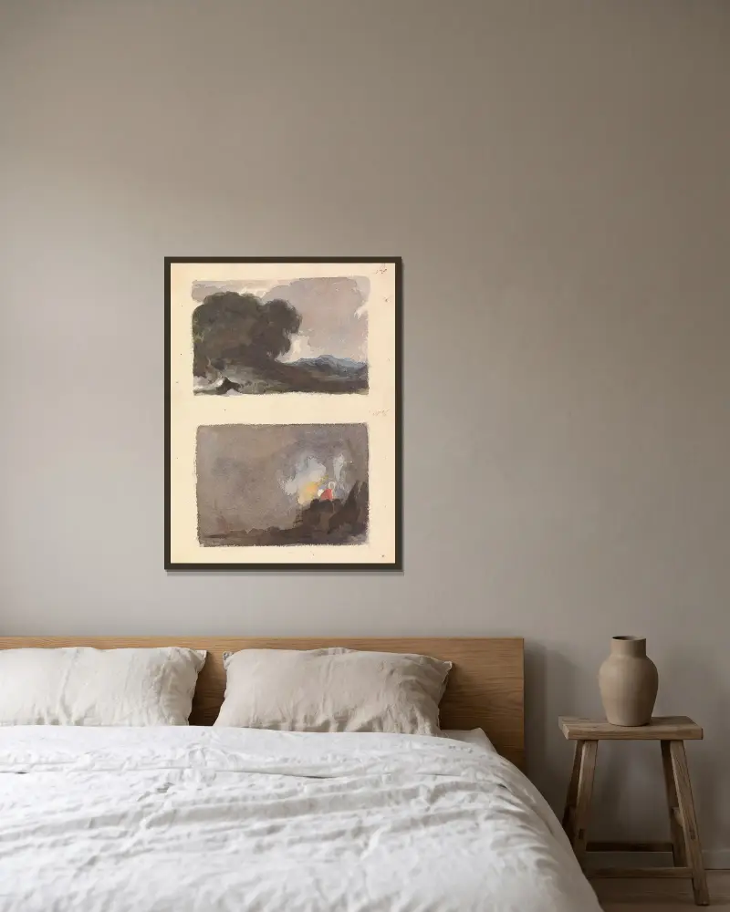 Landskap med träd i förgrunden och berg i fjärran; figur i interiör av Thomas Sully inramad på en vägg