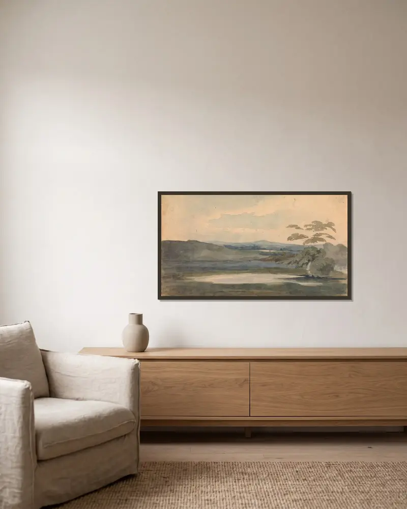 Landskap med träd och berg, sjö i förgrunden av Thomas Sully inramad på en vägg