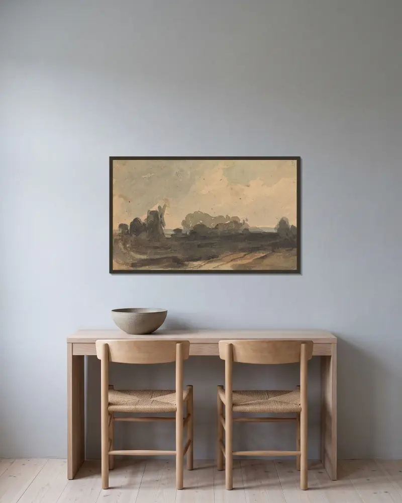 Landskap med träd och väderkvarn av Thomas Sully inramad på en vägg