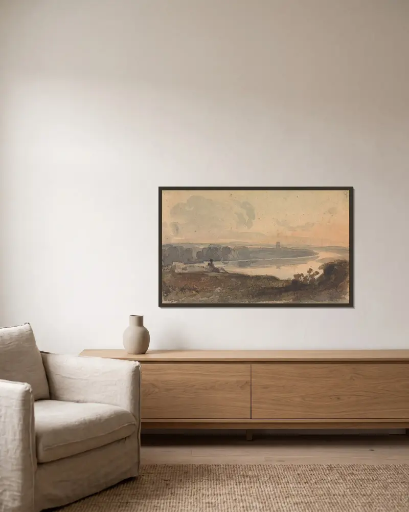 Landskap med slingrande flod, figur på kulle i förgrunden av Thomas Sully inramad på en vägg