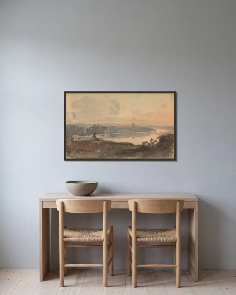 Landskap med slingrande flod, figur på kulle i förgrunden av Thomas Sully inramad på en vägg