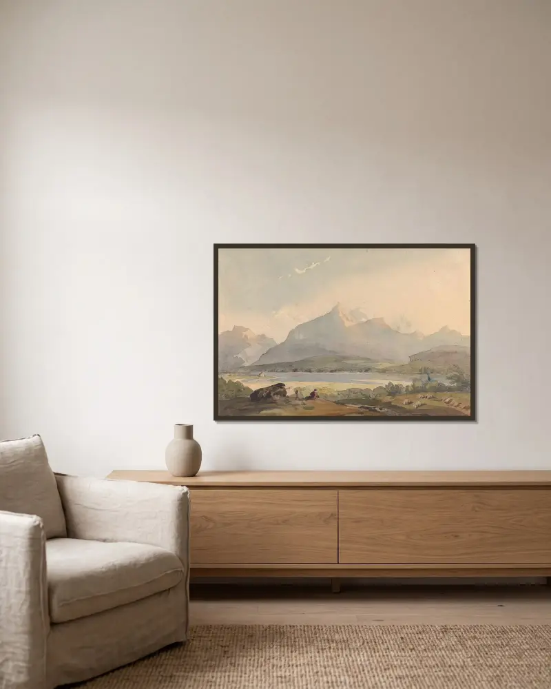 Bergslandskap med sjö och figur i förgrunden av Thomas Sully inramad på en vägg